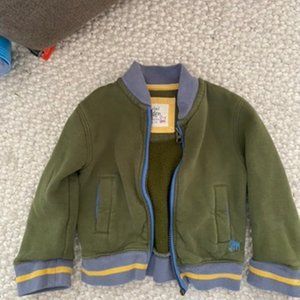 Mini Boden Green Zip Up Sweatshirt with Yellow and Grey Piping and Blue Accents